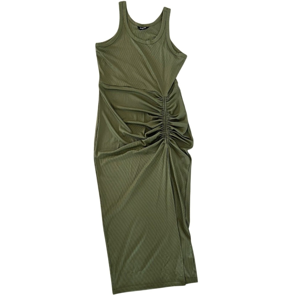 ChicMe Womens XL Olive Green Ribbed Ruched Side Slit Sleeveless Midi Dress
